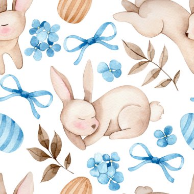 Paskalya desensiz, tatlı suluboya Paskalya tavşanları, fiyonklar ve çiçeklerle. Pastel renkler.