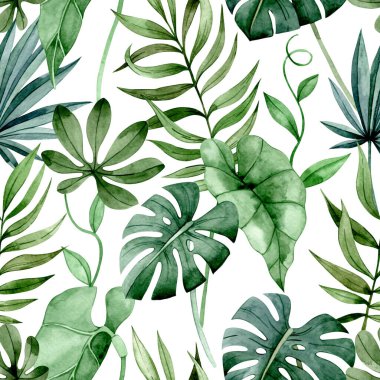 Tropikal palmiye ve canavar yapraklarıyla kusursuz suluboya deseni.