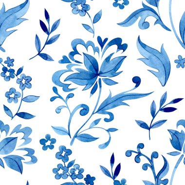Folk tarzında kusursuz çiçek süsü desenleri. Suluboya mavi baskı.