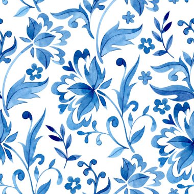 Folk tarzında kusursuz çiçek süsü desenleri. Suluboya mavi baskı.
