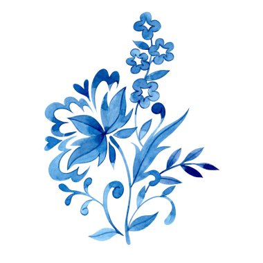 Folk tarzında çiçek süsü. Suluboya mavi desenler.