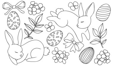 Paskalya seti. Paskalya tavşanları, çiçekler, fiyonklar ve kurdeleler. Renk sayfası.