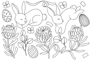 Paskalya seti. Paskalya tavşanları, çiçekler, fiyonklar ve kurdeleler. Renk sayfası.