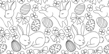 Paskalya tavşanları, yayları ve çiçekleri olan kusursuz bir Paskalya deseni. Renk sayfası.