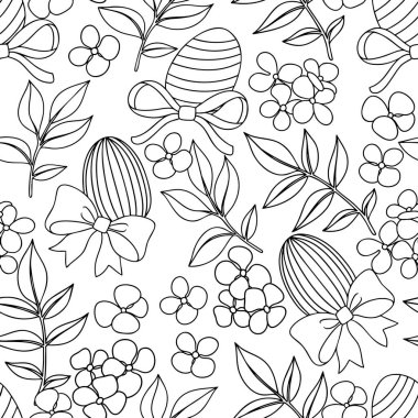 Paskalya yumurtası, yay ve çiçekli bir Paskalya şablonu. Renk sayfası.