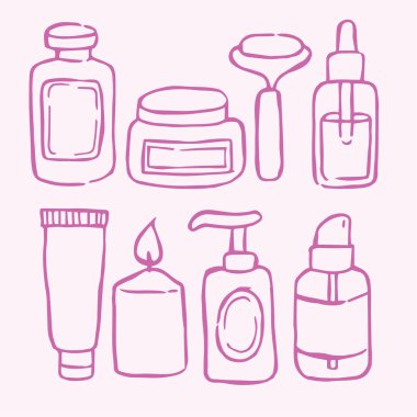 Kozmetik ürünleri seti. Karalama biçiminde vektör illüstrasyonu.