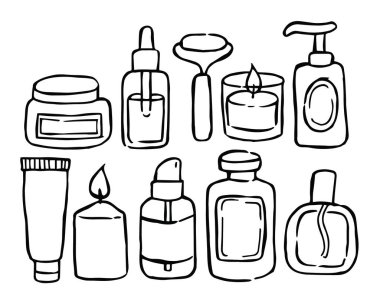 Kozmetik ürünleri seti. Karalama biçiminde vektör illüstrasyonu.