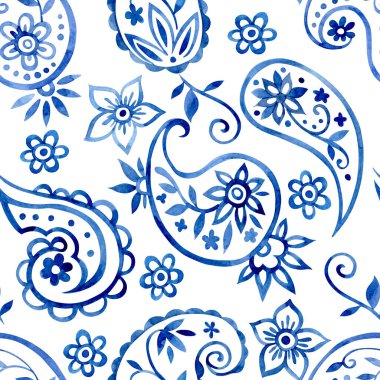 Doğulu çiçeklerin ve desenli süslemelerin kusursuz izi. Mavi suluboya deseni