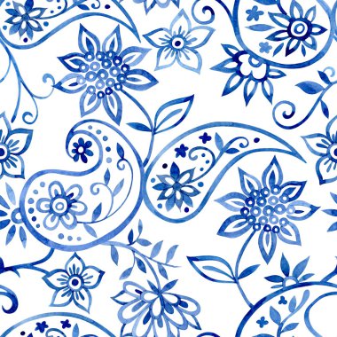Doğulu çiçeklerin ve desenli süslemelerin kusursuz izi. Mavi suluboya deseni