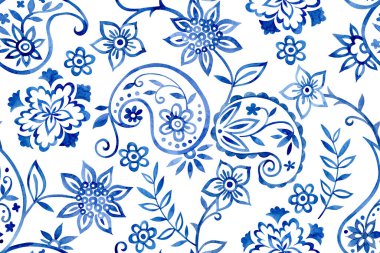 Doğulu çiçeklerin ve desenli süslemelerin kusursuz izi. Mavi suluboya deseni