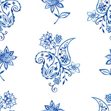 Doğulu çiçeklerin ve desenli süslemelerin kusursuz izi. Mavi suluboya deseni