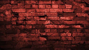 Eski harap olmuş tuğla duvar. Tasarım için fotokopi alanı olan kırmızı tonlu tuğla arka plan. Web afişi. Korku, Cadılar Bayramı, çürüme, gotik kavram.