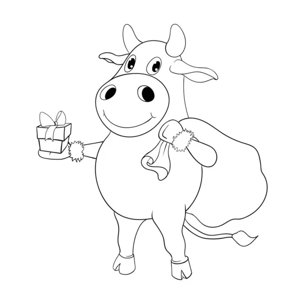 Ασπρόμαυρη Διανυσματική Απεικόνιση Καρτούν Μπουλ Μια Τσάντα Δώρα Χαρούμενη Αγελάδα — Διανυσματικό Αρχείο