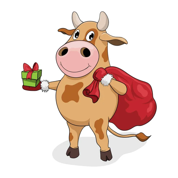 Εικονογράφηση Διανύσματος Καρτούν Μπουλ Μια Τσάντα Δώρα Χαρούμενη Αγελάδα Σύμβολο — Διανυσματικό Αρχείο