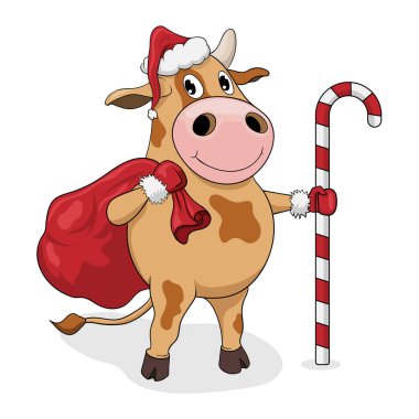 Boğa çizgi filmi illüstrasyonu. Vektör görüntüsü. Boğa Noel Baba. Hediyelerle dolu bir çanta.