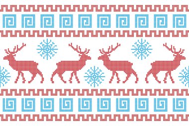 Geyik ve kar taneleriyle süslenmiş güzel bir piksel. Kusursuz yatay desen. Web sitesi ve afiş için resim.