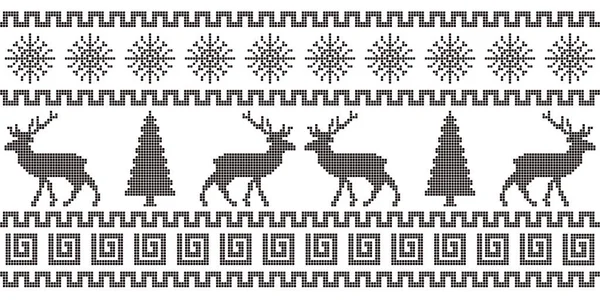 Красивый Пиксельный Орнамент Оленями Снежинками Бесшовный Горизонтальный Рисунок Иллюстрация Сайта — стоковый вектор