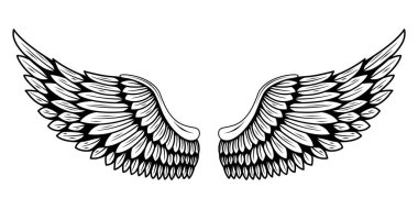 Bir çift kuş kanadı. Meleğim. Dövme için vektör çizimi. Ahşap oyma elementi.