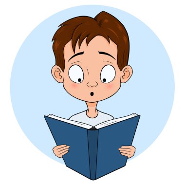 Çizgi film tarzında kitabı olan bir çocuğun vektör çizimi.