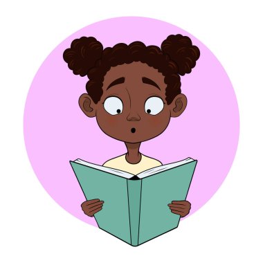 Esmer tenli bir kız ilginç bir kitap okuyor. Çizgi film tarzında vektör illüstrasyonu.