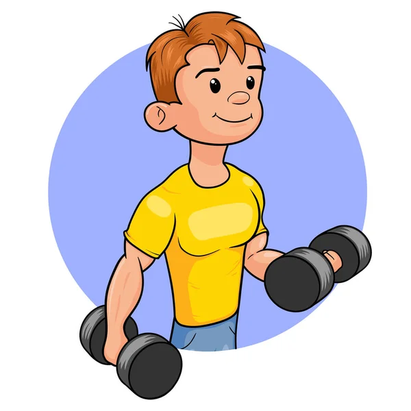 一个带哑铃的年轻人的漫画形象 肌肉的家伙与哑铃 健康保险 — 图库矢量图片