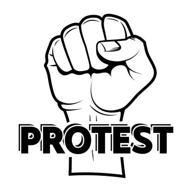 Yumruğuna yapışmış bir elin vektör çizimi. Protesto logosu. Beyaz arkaplanda izole edilmiş figür.