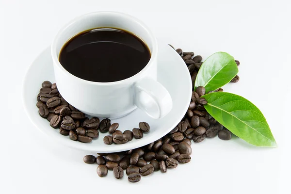 Granos de café con hojas sobre fondo blanco — Foto de Stock