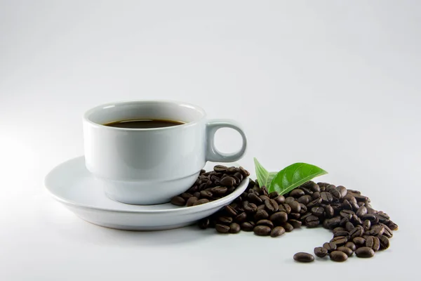 Granos de café con hojas sobre fondo blanco — Foto de Stock