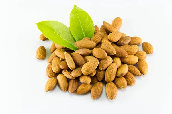 Soyulmuş badem fındıkları beyaz arkaplanda izole edilmiş.