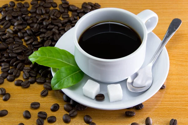 Bodegón Una taza de granos de café con azúcar cúbica — Foto de Stock