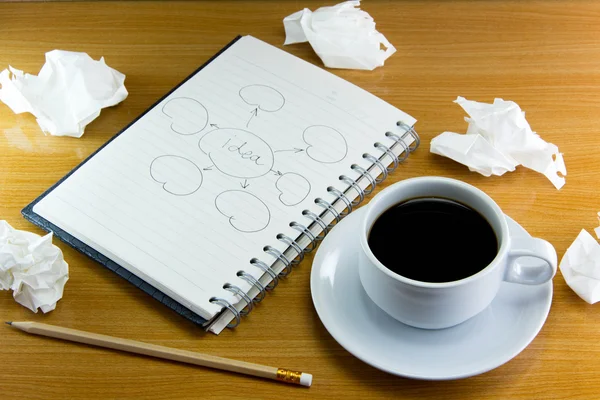 Creative process coffee on saucer with notebook and pen on woode — Stock Photo, Image