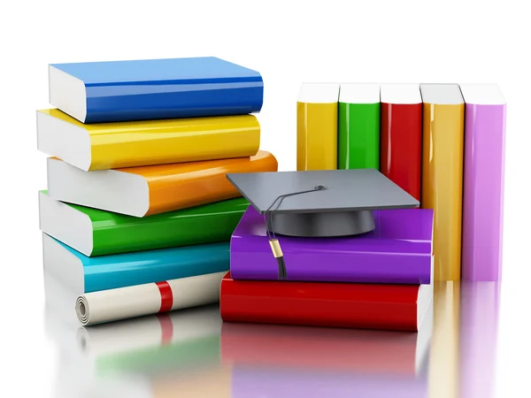 Tappo di laurea 3d e pila di libri . — Foto Stock