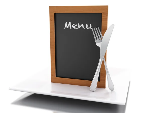 Scheda menu 3d con piastra, forchetta e coltello . — Foto Stock