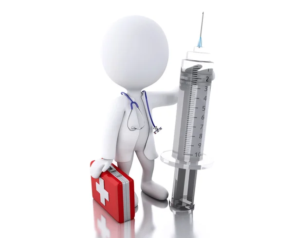 3D white people with syringe and first aid kit — Stock Photo, Image