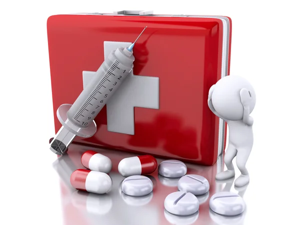 3D White people with a syringe, first aid kit and pills — Stock Photo, Image