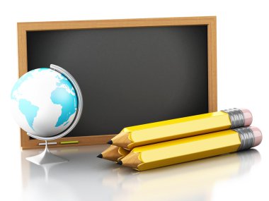 3D globe, kalemler ve yazı tahtası