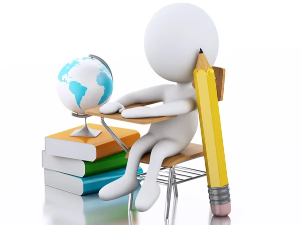 3D personas blancas con escritorio escolar y objetos educativos — Foto de Stock