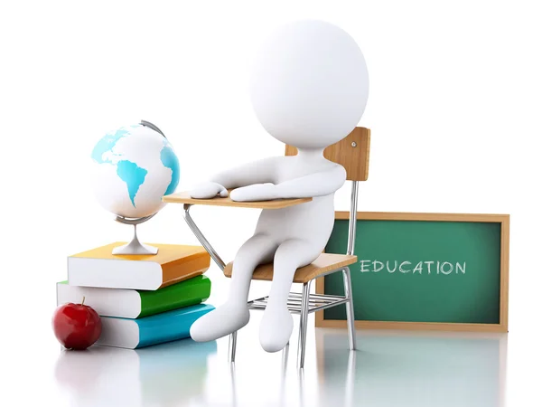 Personnes blanches 3D avec bureau scolaire et objets éducatifs — Photo