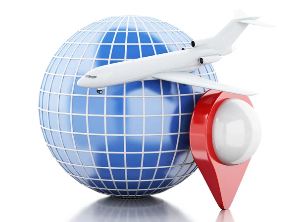 Avião 3D Globe e ponteiro de mapa — Fotografia de Stock