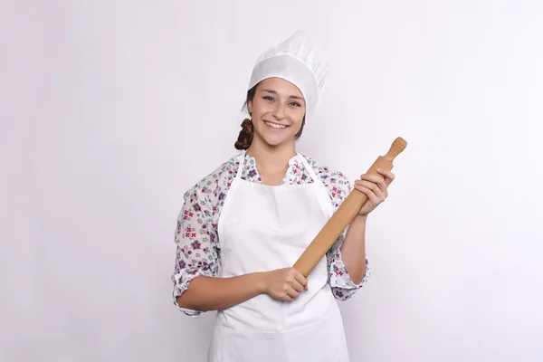 Chef feminino com diferentes ferramentas . — Fotografia de Stock