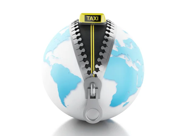 3d Globe with zipper open and taxi sign — Stock Photo, Image