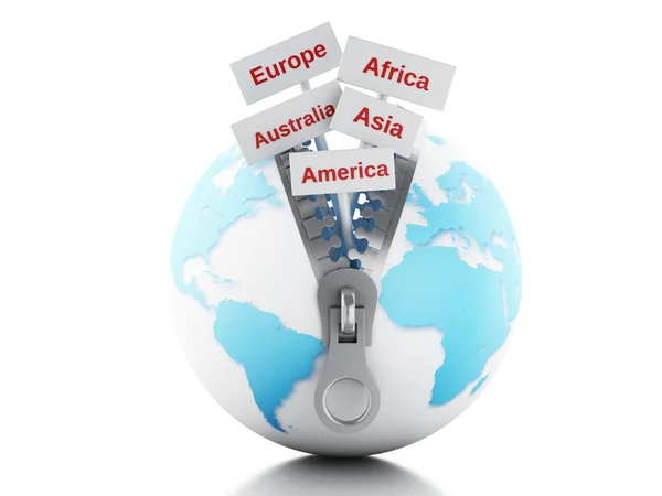 3d Globe with zipper open and signpost with continents — Stock Photo, Image