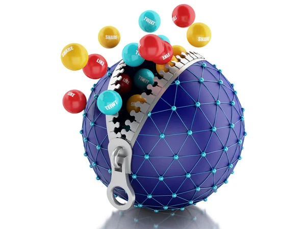 3D-nätverk klot med blixtlås. Koncept för nätverkskommunikation. — Stockfoto