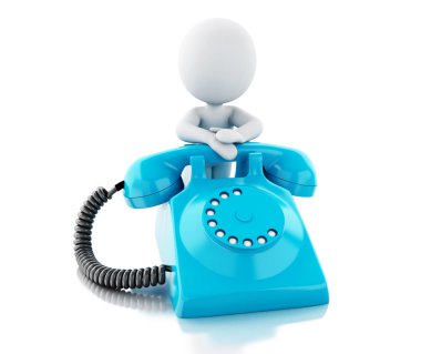 Mavi eski telefon ile 3D beyaz insanlar.