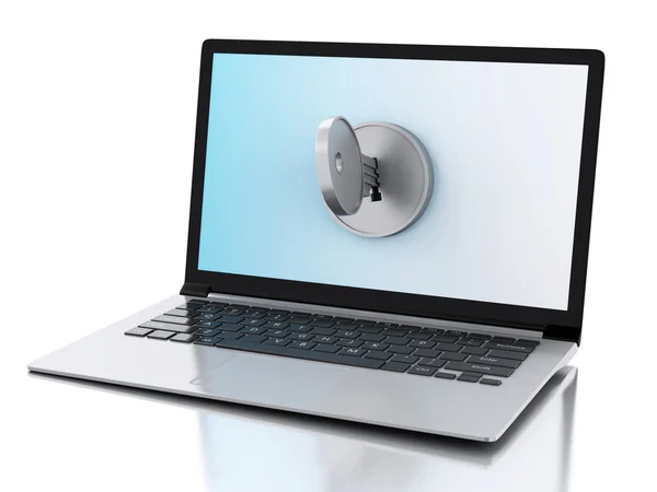 3d Laptop locked by key. Security concept. — Stock Photo, Image