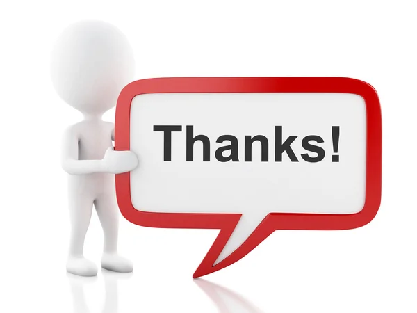 3d White people with speech bubble that says thanks. — Stock Photo, Image