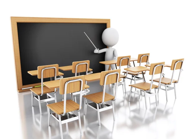 3d white people with chairs and chalkboard. — Stock Photo, Image