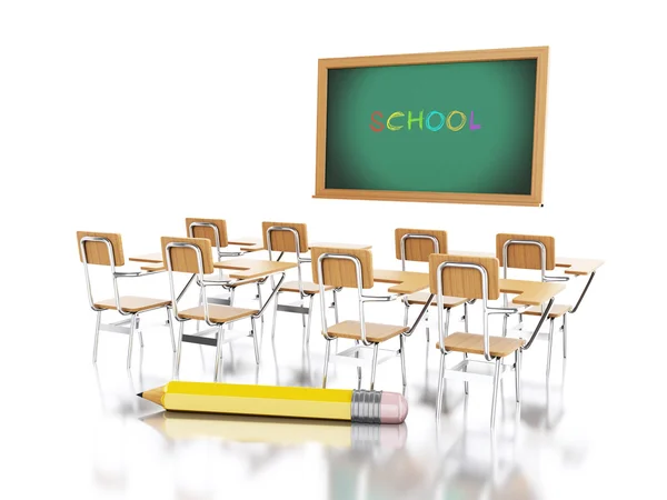 3d kursi sekolah, papan tulis dan pensil . — Stok Foto