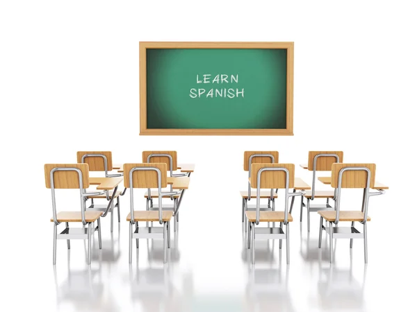 3D-school stoelen en schoolbord met leer Spaans. — Stockfoto