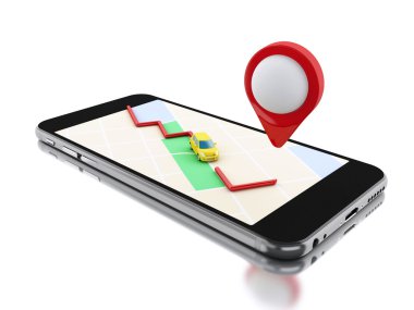 3d Smartphone with a map and red pointer.